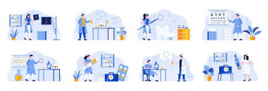 Tıp sahneleri insan karakterleriyle doludur. Laboratuvar teşhisi, farmakoloji araştırması, oftalmoloji, radyoloji ve stomatoloji durumları. Teşhis ve tedavi düz vektör çizimi