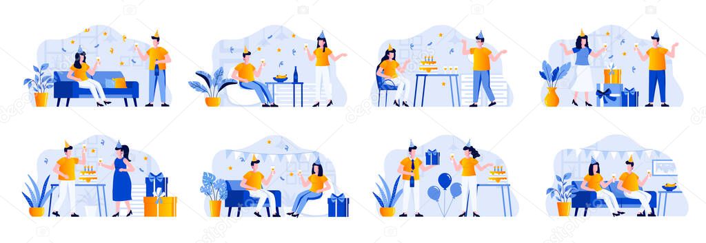 Party scenes bundle with people characters. Friends celebrating, congratulating and gift presenting, having fun together situations. Birthday party with festive decoration flat vector illustration.