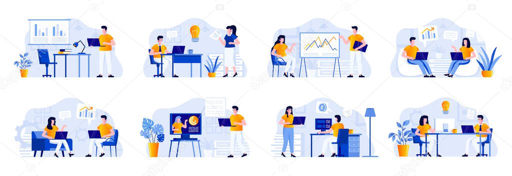 Business meeting scenes bundle with people characters. Manager making presentation, teamwork of colleagues in company situations. Corporate partnership and leadership flat vector illustration