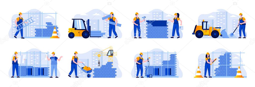 Construction site scenes bundle with people characters. Welder, painter, metalworker and bricklayer in hardhat at work situations. Professional engineering and building flat vector illustration