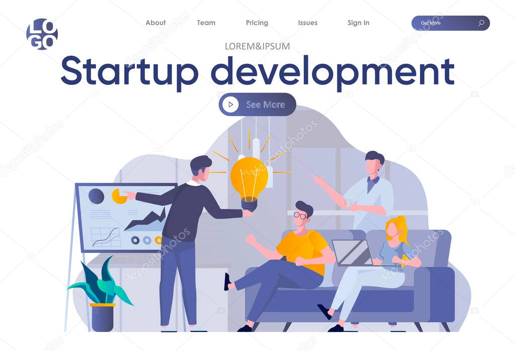 Startup development landing page with header. Startup founders planning strategy and goals for project growth in office scene. Coworking, teamwork and creativity situation flat vector illustration.