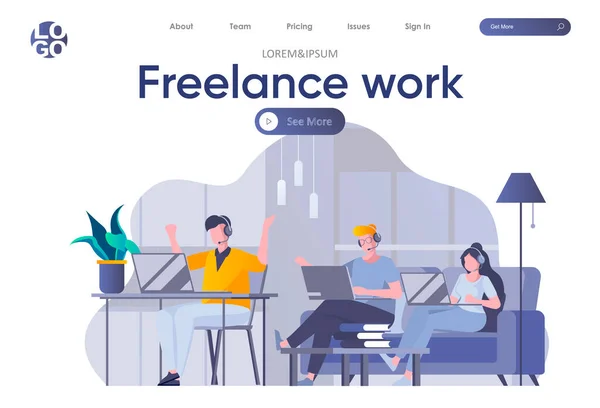 Landing Page Trabajo Independiente Con Cabecera Los Desarrolladores Jóvenes Trabajan — Archivo Imágenes Vectoriales