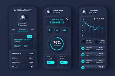 Çevrimiçi bankacılık benzersiz neumorfik tasarım kiti uygulama için. Finansal analiz ve enstrümanlı mobil cüzdan ekranları. Mali yönetim UI, UX şablon seti. Yanıtlayıcı mobil uygulama arayüzü.