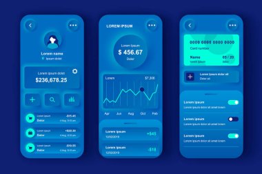Çevrimiçi bankacılık benzersiz neumorfik tasarım kiti. İşlemleri yöneten ve hesap faaliyetlerini gören akıllı finans uygulaması. Mali yönetim UI, UX şablon seti. Yanıtlayıcı mobil uygulama arayüzü.