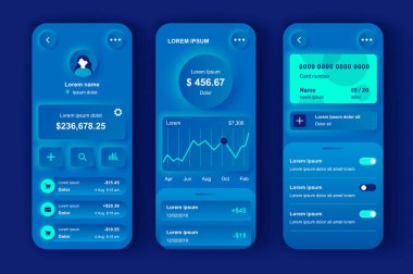 Online banking unique neumorphic design kit. Smart finance app with manage transactions and view account activities. Financial management UI, UX template set. GUI for responsive mobile application. clipart