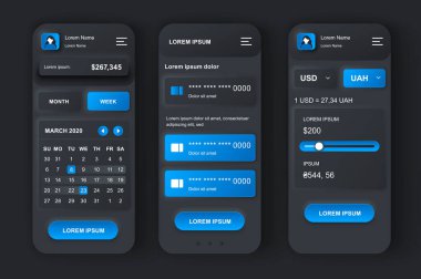 Kişisel finans yönetimi neumorfik tasarım kiti. Banka ve kredi kartı hesaplarının mali takibi için bütçe uygulaması. Çevrimiçi bankacılık UI, UX şablon seti. Yanıtlayıcı mobil uygulama arayüzü