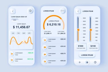 Smart finance manager neumorphic design kit. Budgeting app for financial planning and control, bank accounts monitoring. Online banking UI, UX template set. GUI for responsive mobile application. clipart