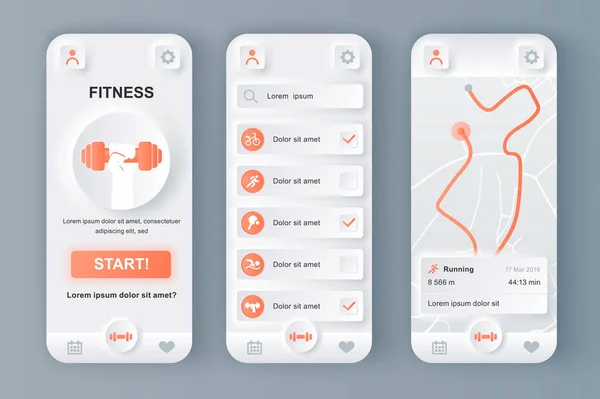 Fitness Moniteur Unique Kit Conception Neumorphique Pour Application Mobile Suivi — Image vectorielle