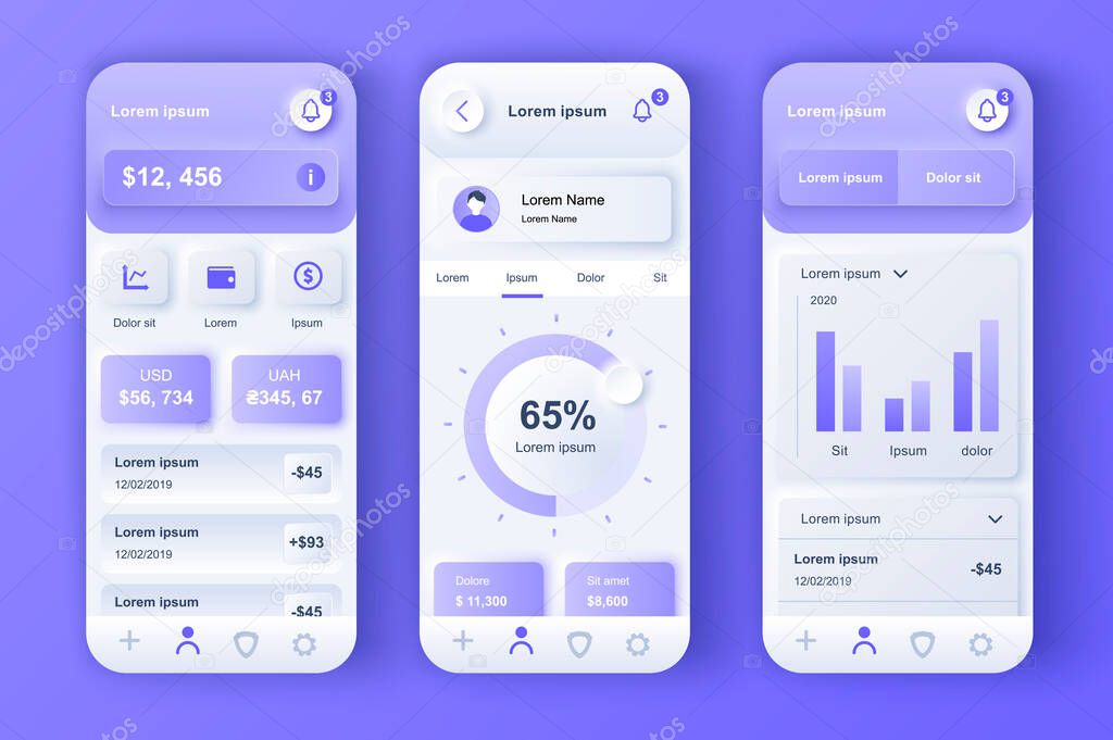 Finance services unique neumorphic design kit for mobile app. Credit card balance, checking account, transaction confirmation. Online banking UI, UX template set. GUI for responsive mobile application