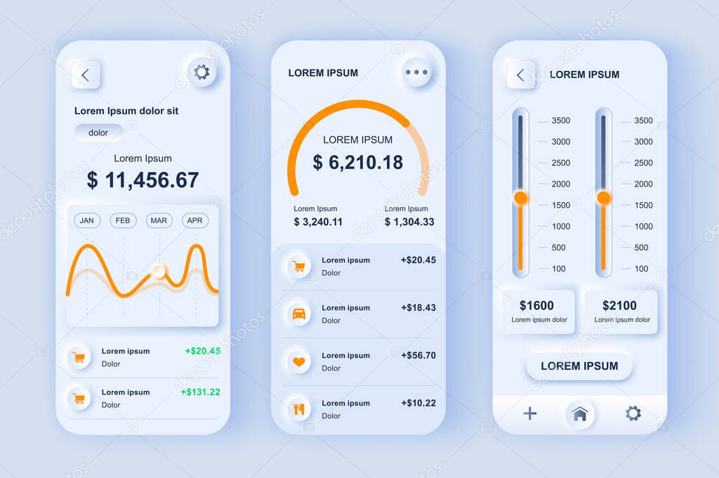 Smart finance manager neumorphic design kit. Budgeting app for financial planning and control, bank accounts monitoring. Online banking UI, UX template set. GUI for responsive mobile application.