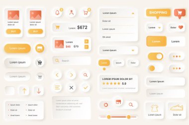 Alışveriş mobil uygulaması için kullanıcı arayüzü ögeleri. Alışveriş platformu navigasyonu, ürün derecelendirme ve fiyat şablonları. Eşsiz neumorphic ui ux tasarım kiti. Yönet, ara ve ödeme formu ve bileşeni