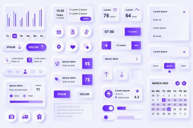 User interface elements for medical mobile app. Diagnosis and treatment, pharmacy store and laboratory gui templates. Unique neumorphic ui ux design kit. Manage, navigation, search form and components clipart