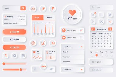 Fitness egzersiz mobil uygulaması için kullanıcı arayüzü ögeleri. Fitness takip cihazı, spor faaliyet planlayıcısı, kalp atış hızı monitörü, gui şablonları. Eşsiz neumorphic ui ux tasarım kiti. Yönlendirme ve gezinme bileşenleri.