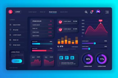 Nörofik gösterge paneli UI kiti. Bilgi elemanları, HUD diyagramı, bilgi grafikleri içeren panel vektör tasarım şablonu. UI ve UX tasarım web sayfası için web sayfası paneli. Neumorphism biçimi.