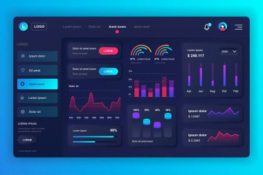 Nörofik gösterge paneli UI kiti. Bilgi elemanları, HUD diyagramı, bilgi grafikleri içeren panel vektör tasarım şablonu. UI ve UX tasarım web sayfası için web sayfası paneli. Neumorphism biçimi.