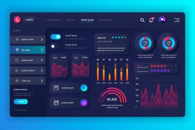 Nörofik gösterge paneli UI kiti. Bilgi elemanları, HUD diyagramı, bilgi grafikleri içeren panel vektör tasarım şablonu. UI ve UX tasarım web sayfası için web sayfası paneli. Neumorphism biçimi.