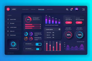 Nörofik gösterge paneli UI kiti. Bilgi elemanları, HUD diyagramı, bilgi grafikleri içeren panel vektör tasarım şablonu. UI ve UX tasarım web sayfası için web sayfası paneli. Neumorphism biçimi.