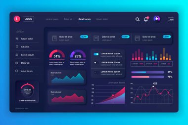Nörofik gösterge paneli UI kiti. Bilgi elemanları, HUD diyagramı, bilgi grafikleri içeren panel vektör tasarım şablonu. UI ve UX tasarım web sayfası için web sayfası paneli. Neumorphism biçimi.