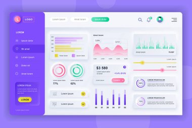 Nörofik gösterge paneli UI kiti. Bilgi elemanları, HUD diyagramı, bilgi grafikleri içeren panel vektör tasarım şablonu. UI ve UX tasarım web sayfası için web sayfası paneli. Neumorphism biçimi.