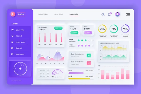 Neumorphic Dashboard Kit Адмін Векторний Дизайн Шаблону Інфографічними Елементами Діаграмою — стоковий вектор