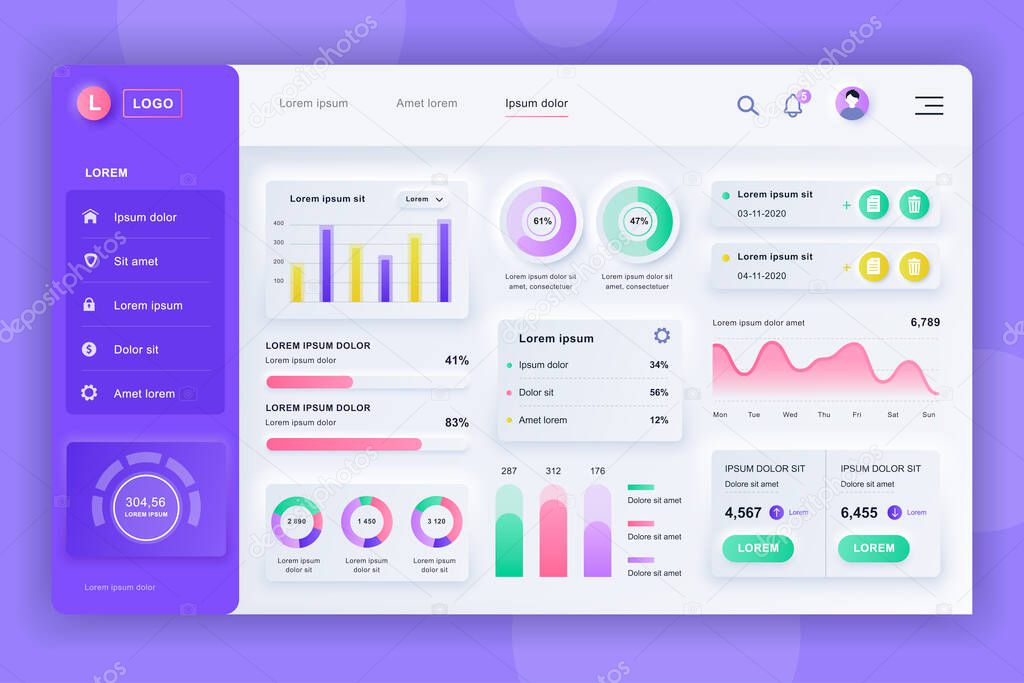 Neumorphic dashboard UI kit. Admin panel vector design template with infographic elements, HUD diagram, info graphics. Website dashboard for UI and UX design web page. Neumorphism style.