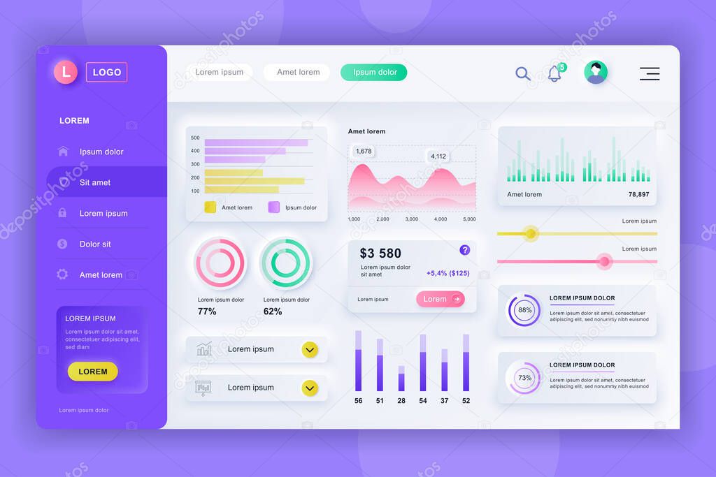 Neumorphic dashboard UI kit. Admin panel vector design template with infographic elements, HUD diagram, info graphics. Website dashboard for UI and UX design web page. Neumorphism style.