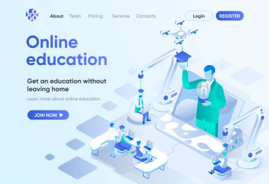 Çevrimiçi eğitim izometrik iniş sayfası. Mesafe öğrenme, profesyonel kurslar ve beceri geliştirme. CMS ve web sitesi inşaatçısı için etkileşimli çalışma şablonu. İnsan karakterli Isometry sahnesi.