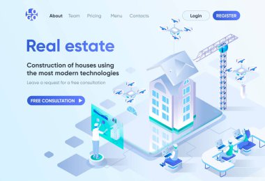 Emlak izometrik iniş sayfası. Modern inşaat teknolojisi, tasarım ve mühendislik. CMS ve web sitesi inşaatçısı için emlak şablonu yatırımı. İnsan karakterli Isometry sahnesi.
