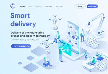 Akıllı dağıtım izometrik iniş sayfası. Quadcopter ile teslimat, yerel nakliye hizmeti, çevrimiçi izleme. CMS ve web sitesi inşaatçısı için ekspres dağıtım şablonu. İnsan karakterli Isometry sahnesi.