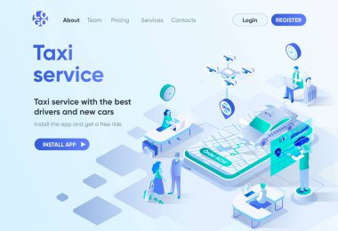 Taksi servisi izometrik iniş sayfası. En iyi sürücüler ve yeni arabalar, şehir transferi, yolcu taşımacılığı. CMS ve web sitesi inşaatçısı için çevrimiçi taksi sipariş şablonu. İnsan karakterli Isometry sahnesi.