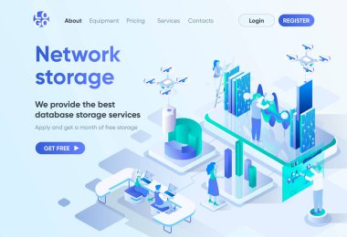 Ağ depolama izometrik iniş sayfası. Veritabanı depolama servisi, modern sunucu ve yedek teknoloji. CMS ve web sitesi oluşturucu için veri merkezi şablonu. İnsan karakterli Isometry sahnesi.