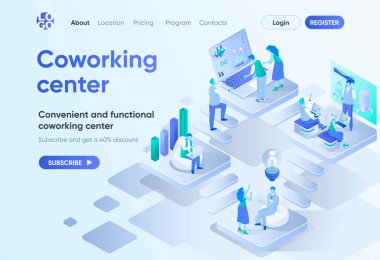 Eşzamanlı merkez izometrik iniş sayfası. İş dünyası takım çalışması, uygun ve işlevsel çalışma alanı. CMS ve web sitesi için açık alan şablonu eşleştiriliyor. İnsan karakterli Isometry sahnesi.