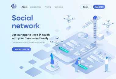Sosyal ağ izometrik iniş sayfası. Mobil iletişim hizmeti, çevrimiçi sohbet ve medya içeriği paylaşımı. CMS ve web sitesi yapımcısı için mesaj şablonu. İnsan karakterli Isometry sahnesi
