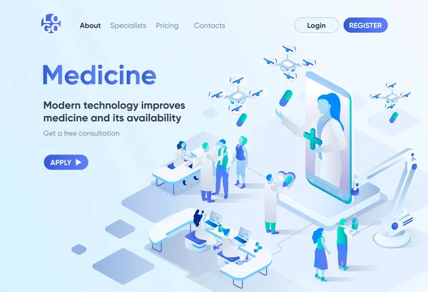 Medicina Moderna Landing Page Isométrica Tecnologias Digitais Diagnóstico Tratamento Médico — Vetor de Stock