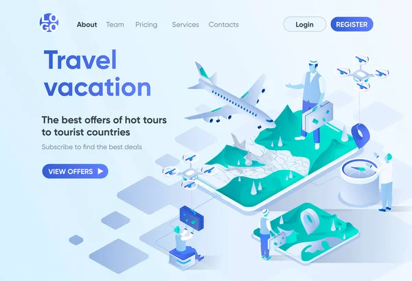 Landing Page Isométrica Vacaciones Viaje Servicio Reserva Línea Transporte Aviones — Archivo Imágenes Vectoriales