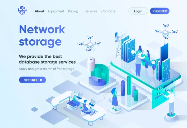ネットワークストレージ等価着陸ページ データベースストレージサービス 最新のホスティングおよびバックアップ技術 Cmsとウェブサイトビルダー用のデータセンターテンプレート 登場人物との等差力シーン — ストックベクタ