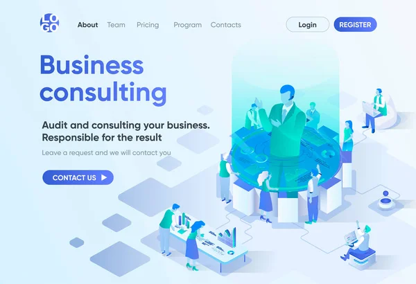 Affärskonsultens Isometriska Landningssida Kompetent Expertis Och Stöd Professionell Revision Mall — Stock vektor