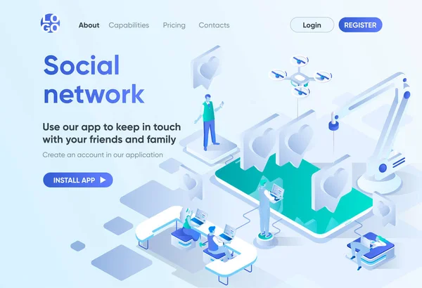 Соціальна Мережа Ізометрична Сторінка Посадки Інтернет Спілкування Друзями Сім Обмін — стоковий вектор
