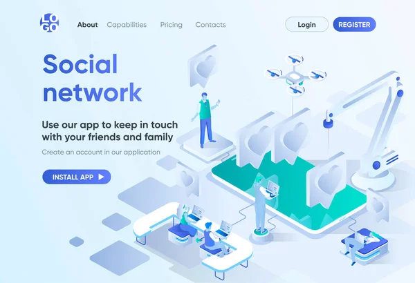 社交网络等距登陆页 与朋友和家人的在线交流 社交媒体内容共享 Cms和网站建设者的消息模板 人物形象的等距场景 — 图库矢量图片