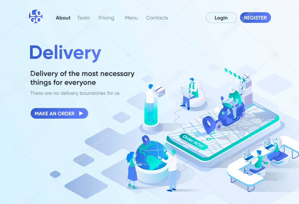 Delivery service isometric landing page. Home delivery with courier, global shipping tracking, order now. Express delivery template for CMS and website builder. Isometry scene with people characters.
