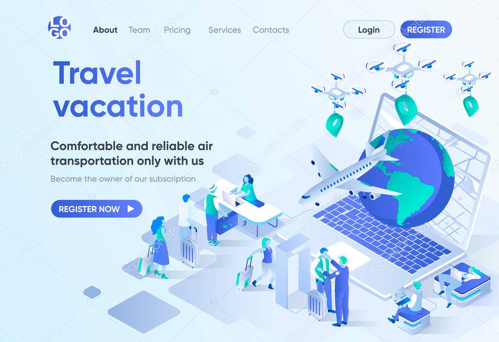 Travel vacation isometric landing page. Online booking service, comfortable air transportation and airport boarding. Travel agency template for CMS and website. Isometry scene with people characters.