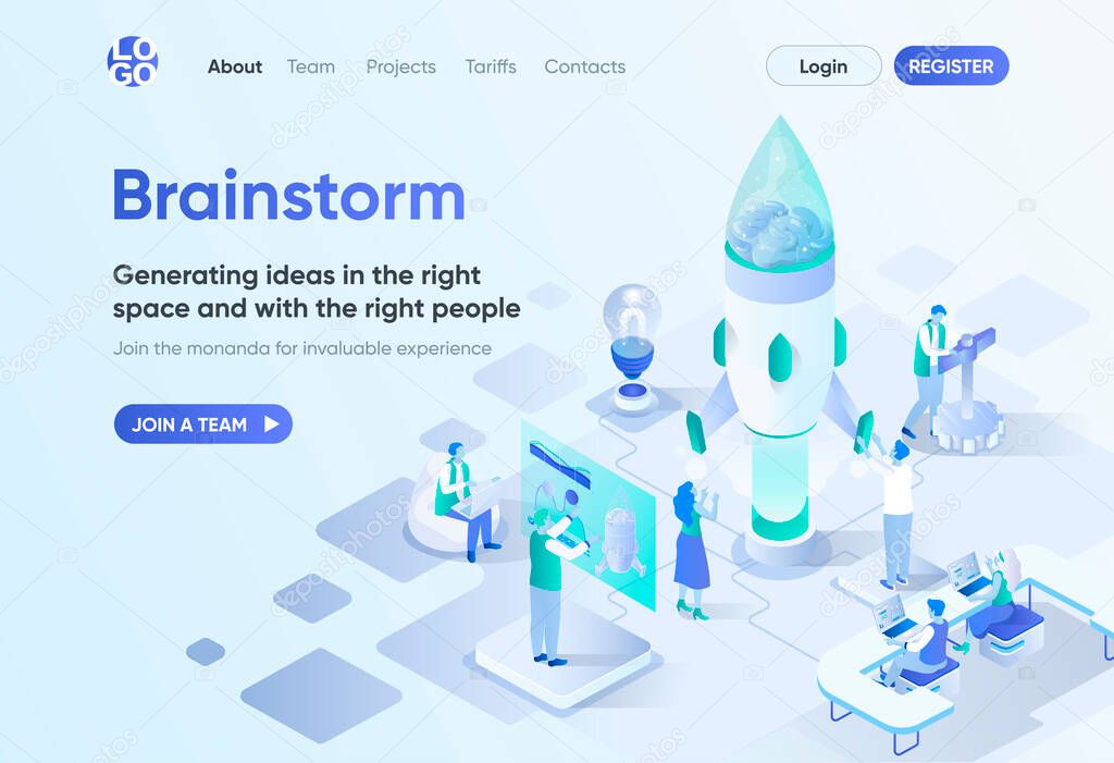 Brainstorm isometric landing page. Business idea generation and presentation, create new solution. Brainstorming session template for CMS and website builder. Isometry scene with people characters.