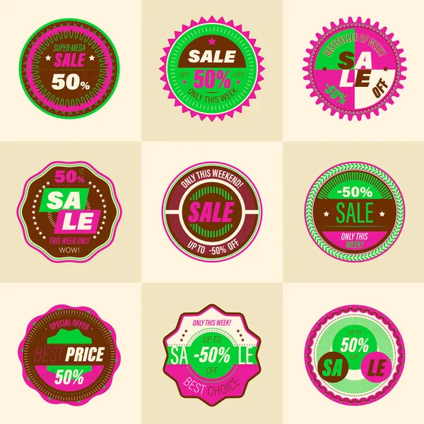 Set Insignia Retro Venta Pegatinas Estilo Vintage Primera Calidad Para — Vector de stock