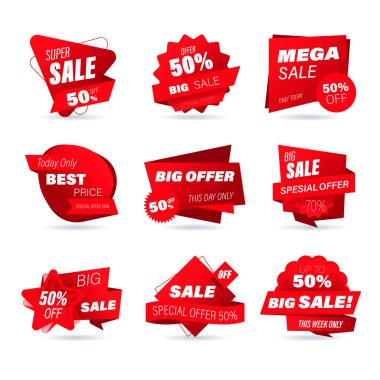 Perakende satış rozeti. Sosyal medya reklamları ve afişler için çevrimiçi alışveriş origami tarzı etiketler, web sitesi rozetleri, pazarlama, etiketler ve ürün tanıtım şablonu için etiketler. Vektör illüstrasyonu.
