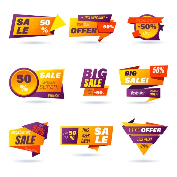 Set Van Detailhandel Verkoop Badge Stickers Online Winkelen Origami Stijl — Stockvector