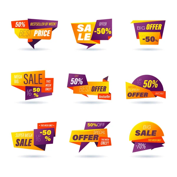 Ensemble Insigne Vente Détail Stickers Style Origami Shopping Ligne Pour — Image vectorielle