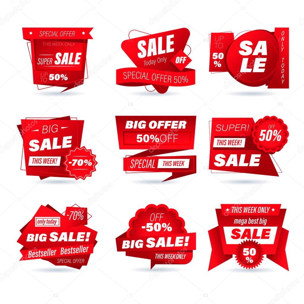 Set of retail sale badge. Stickers online shopping origami style for social media ads and banners, website badges, marketing, labels and stickers for products promotion template. Vector illustration.