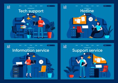 IT support flat landing pages set. Helpline consultant with headset work with computer in office scenes for website or CMS web page. Tech support, hotline and information service vector illustration clipart