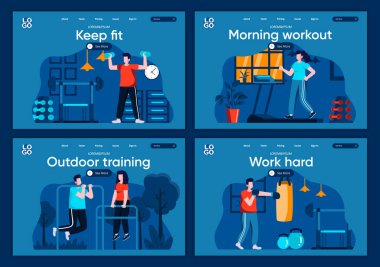 Açık havada iniş sayfaları ayarlandı. İnsanlar koşuyor, dambılları kaldırıyor ve internet sitesi ya da CMS web sayfası için kum torbası sahneleriyle antrenman yapıyorlar. Formda kal, sabah egzersizi yap, vektör illüstrasyonuna çalış..