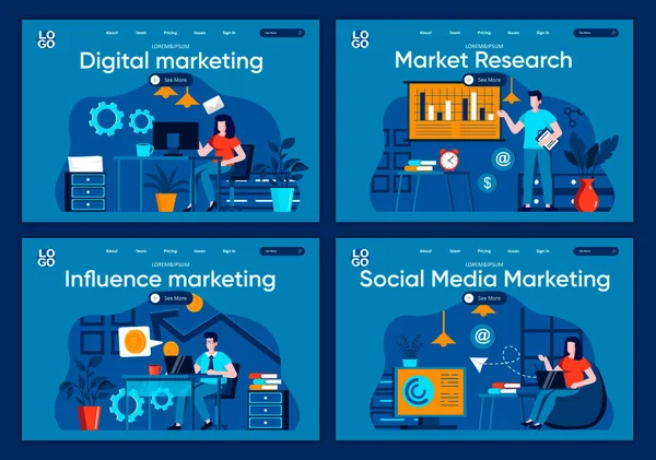 Sociální Média Marketing Ploché Přistávací Stránky Nastaveny Analytika Strategické Plánování — Stockový vektor